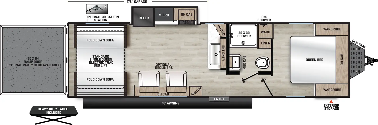 The 28THS has one slide out and one entry door. Exterior features include an 18 foot awning, heavy-duty table, front exterior storage, generator tray ,outside shower, and rear ramp door. Interior layout front to back: foot facing queen bed bed with overhead cabinet and wardrobes on each side and off-door side wardrobe; off-door side full bathroom with linen closet and medicine cabinet; sink, TV and overhead cabinet along inner wall; entry door; off-door side slide out with cook top stove, overhead cabinet, microwave, and refrigerator; door side pantry, and overhead cabinet; rear opposing fold-down sofas and single queen electric trac bed lift. Optional 30 gallon fuel station available. Optional recliners available. Optional party deck available on ramp door. Garage Dimensions: 154.5 inches from rear to pantry; 178 inches from rear to kitchen sink counter; 58 inches from off-door side kitchen counter to door side pantry; 68.25 inches from refrigerator to door side wall.